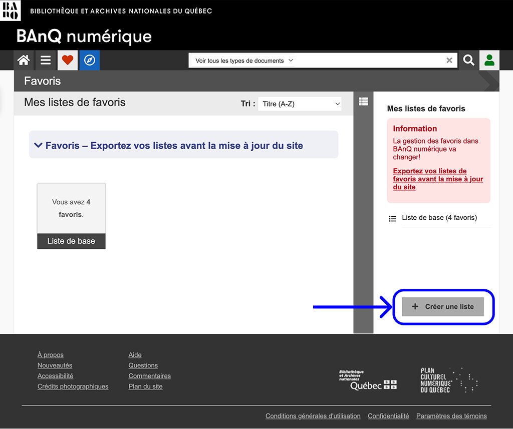 Capture d'écran montrant la page des favoris avec le bouton pour Créer une liste en évidence.