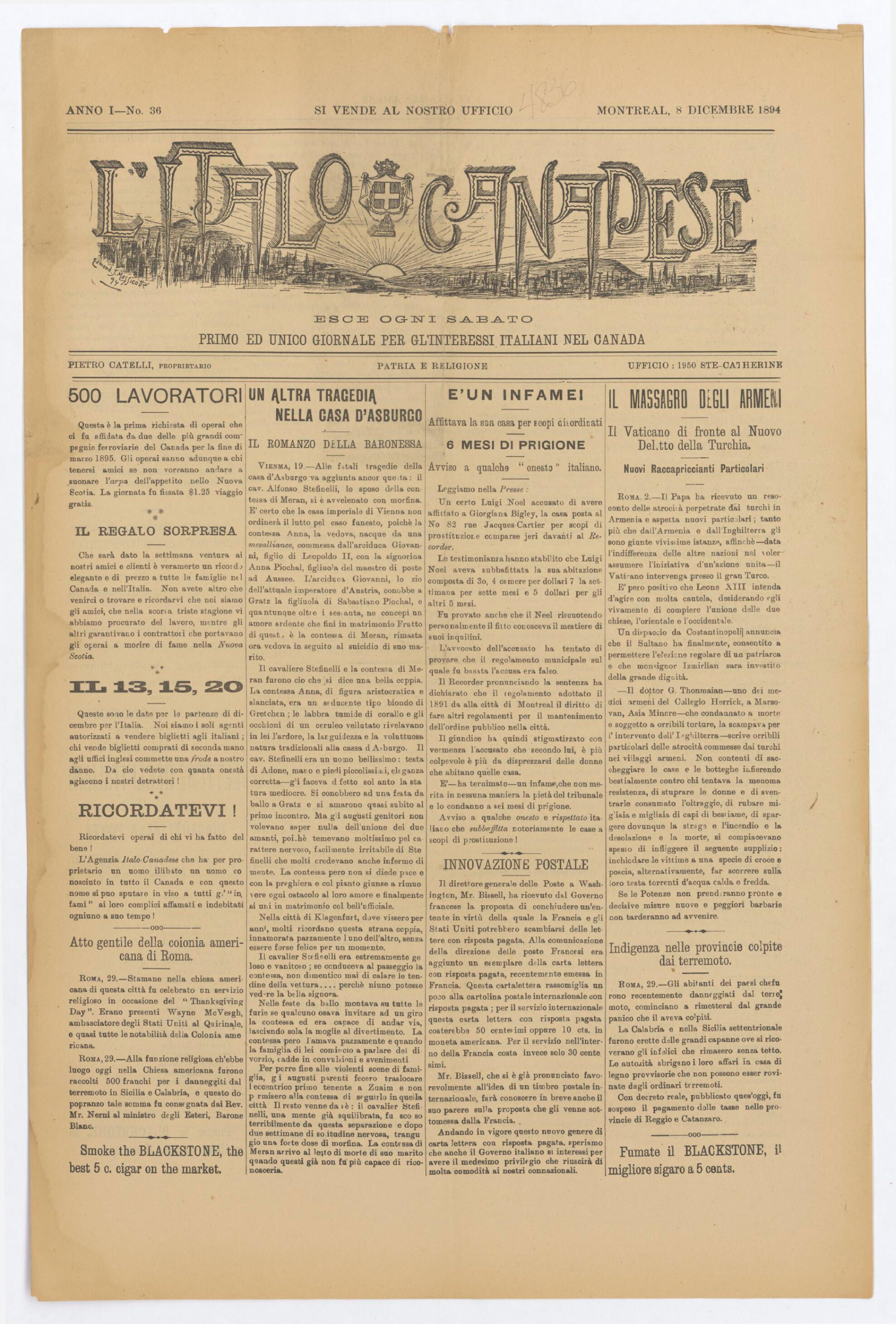 L'Italo Canadese, samedi 8 décembre 1894