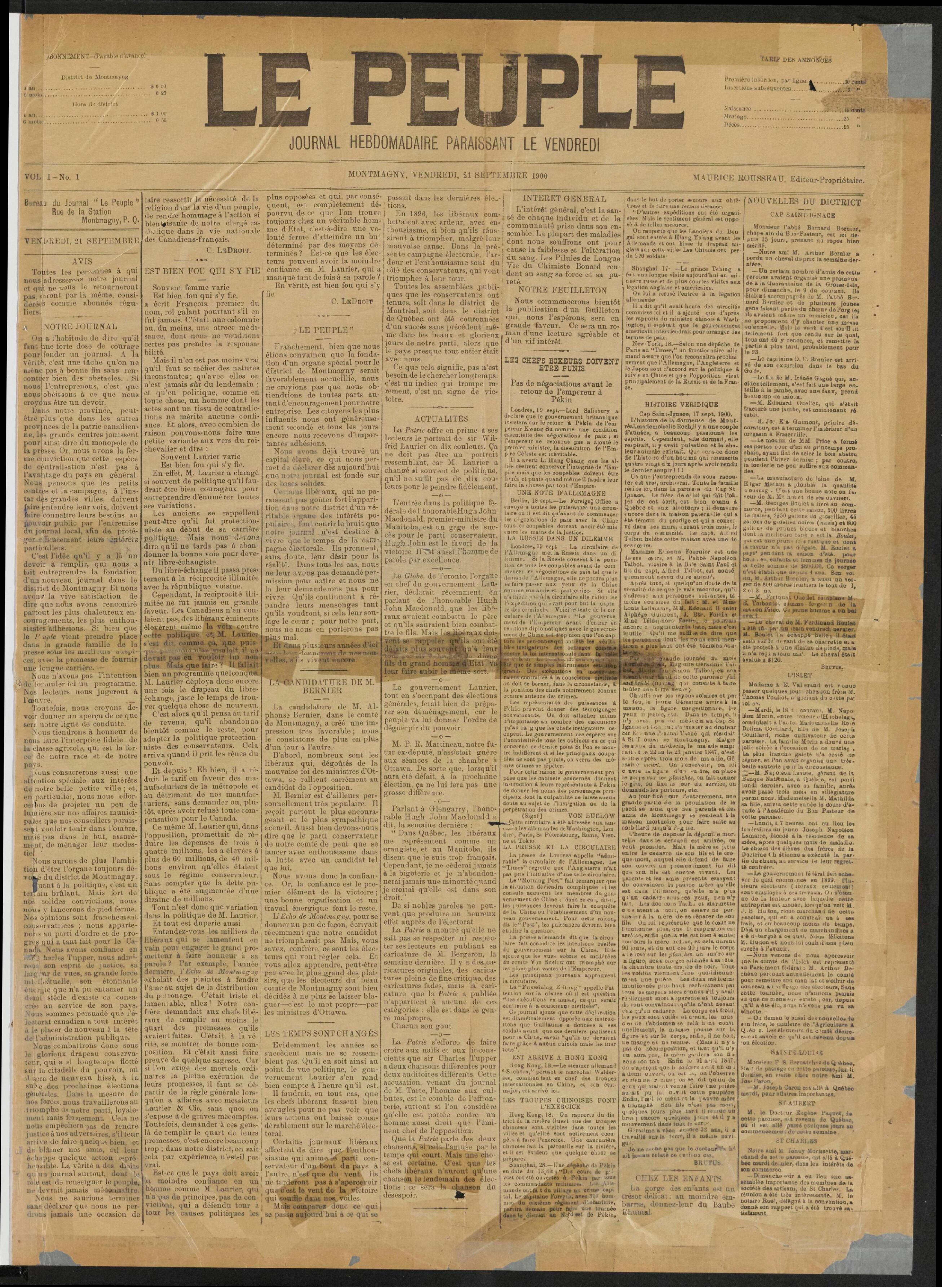 La une du premier numéro du journal Le Peuple, 21 septembre 1909