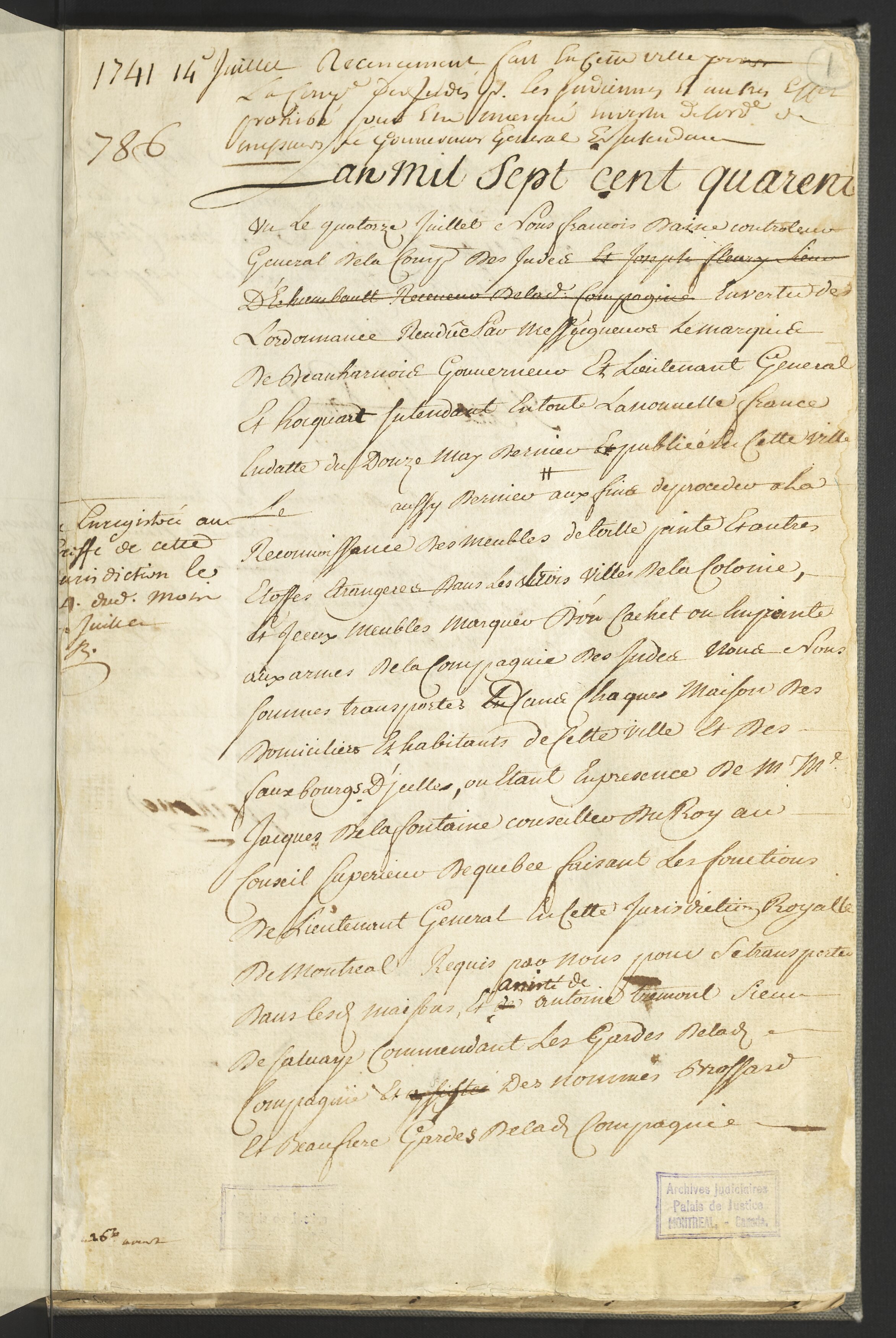 Extrait du recensement de la ville de Montréal en 1741