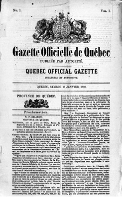 Une de la Gazette officielle du Québec